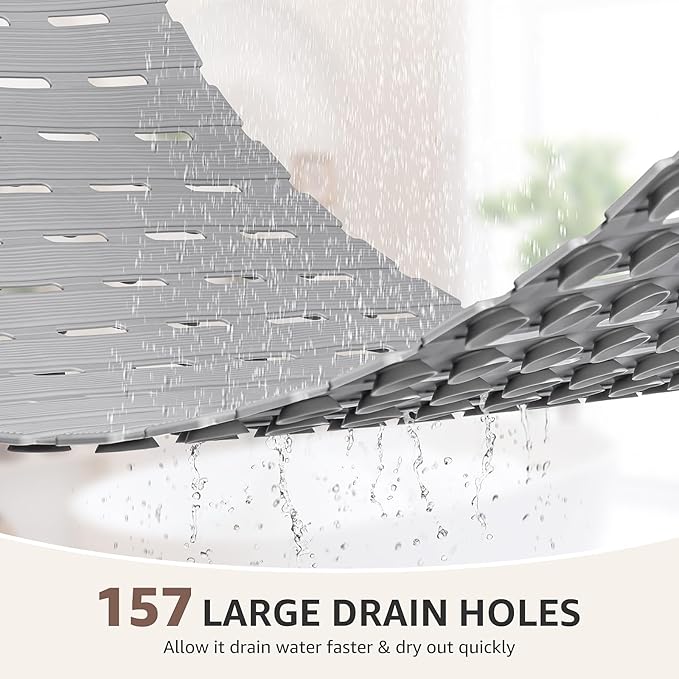 OTHWAY Anti Slip Shower Mat, 36.6" x 16.9" Soft Shower Mats for Inside Shower, Non Slip Shower Bath Mat for Tub with Suction Cups, Machine Washable Shower Floor Mat with Drainage Holes, Light Grey