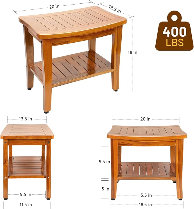 20" Premium Teak Shower Bench with Shelf & Handle, Solid Teak Shower Stool, Durable Wooden Waterproof Seat for Inside Shower, Teak Wood Bench for Bathroom, Indoor & Outdoor Use