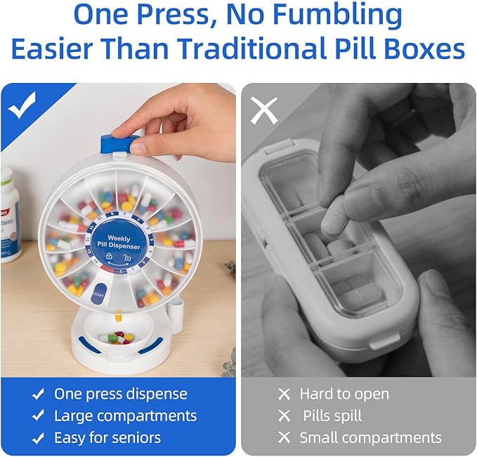 14-Day Push Button Pill Dispenser for Seniors & Caregivers | Standing or Wall-Mount Medication Organizer with Child Lock, 14 Large Compartments for Fish Oil, Vitamins, Medicine, or Supplements, Blue