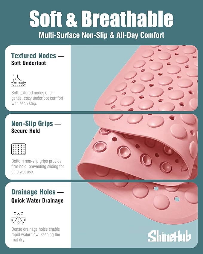 7mm Extra Thick TPE Bath Mat, Non-Slip Shower Mat for Bathroom and Tub, 28x16 Inch with Drainage Holes and Stability Grip, Machine Washable, Dusty Blossom Pink
