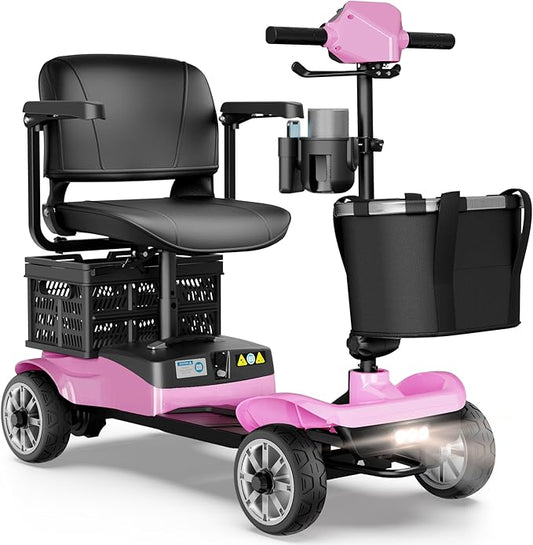 4-Wheel Mobility Scooter for Adults – Foldable Portable Motorized Scooters with 330lbs Capacity, Detachable Battery, Dual Baskets, Cup & Phone Holder, Pink