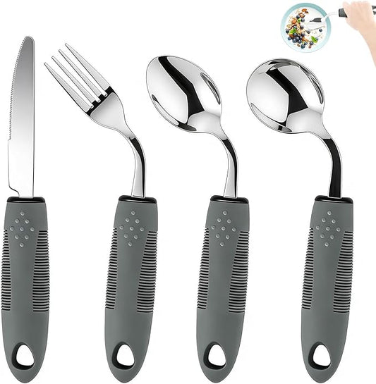 KintKita Adaptive Utensils for Elderly 4 Piece, 2.9 oz Weighted Silverware for Hand Tremors, 45°Angled Parkinsons Utensils for Elderly, Arthritis, Weak Hand Grip, Right-Handed Use