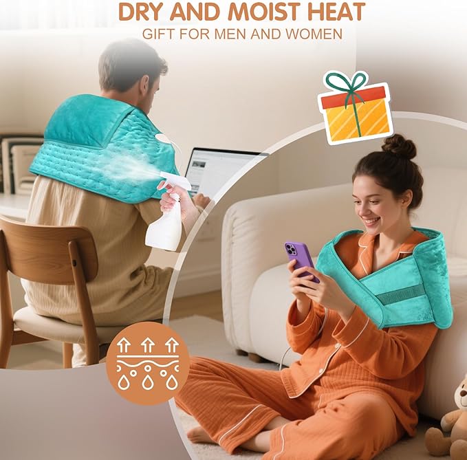 Heating Pad Back Pain Relief Electric Heating Pad for Period Cramps Lower Back Neck Shoulders Pain Relief 6-Hour Auto Off 12x24 Heated Pad + 20" Belt 4 Timer 6 Heat Level Wrap (Turquoise)