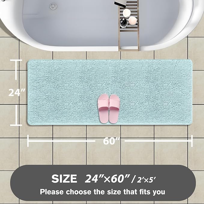 Bathroom Runner Rug 24 x 60 Inch – Extra Large Long Bath Mat | Absorbent and Washable Thick Chenille Bath Rug Non-Slip Runner Rug for Bathroom Floor, Shower, Sink(Aqua)