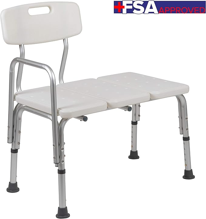Flash Furniture HERCULES Series 300 Lb. Capacity Adjustable White Bath & Shower Transfer Bench with Back and Side Arm