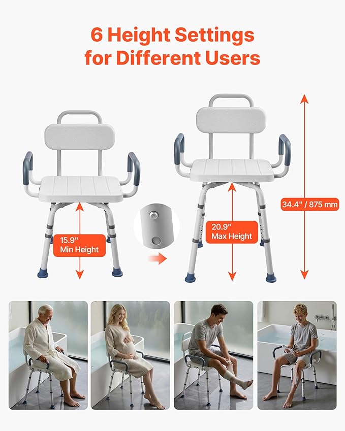 VEVOR Swivel Shower Chair with Arms and Back, 400 lbs Heavy Duty Bench Seat for Inside Shower Stall and Bathtub, Height Adjustable Bathroom Bath Tub Seat for Adults, Seniors, Elderly and Disabled