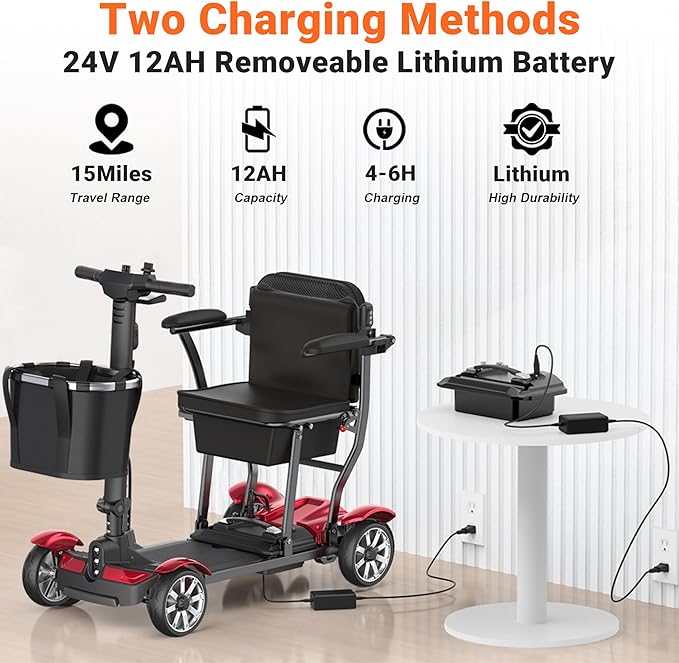 Mobility Scooter for Adults, 4 Wheels Mobility Scooter with LCD Display, 350LBS Capacity & Lithium Battery, Airline Approved, 38LBS Motorized Mobility Scooter for Seniors (Red, 15 MI-211)