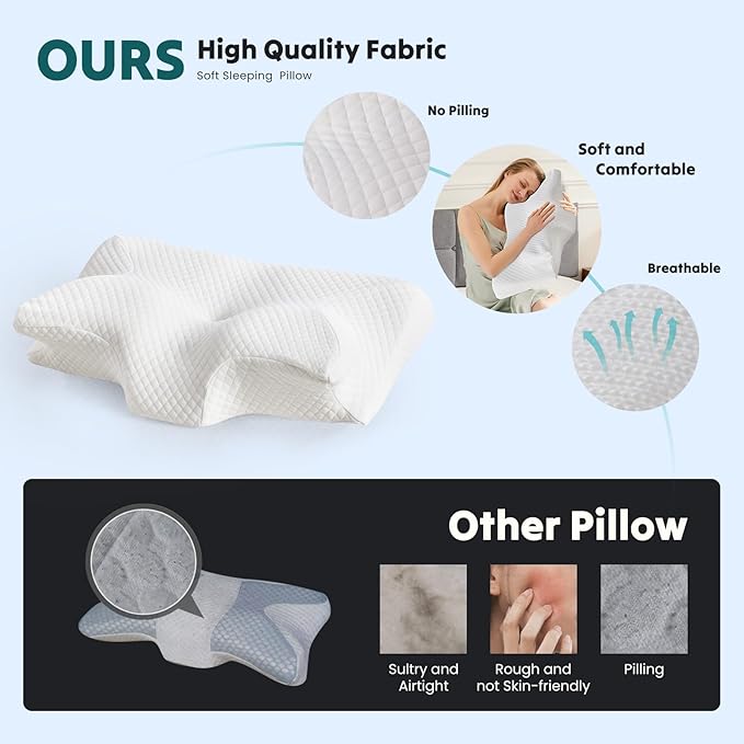 DUMOS Cervical Neck Pillow for Sleeping, Cooling Ergonomic Memory Foam Pillow with Arm Rest Slot and Ice Silk Pillowcase, Dual Height Orthopedic Support Contour for Side, Back, Stomach Sleepers