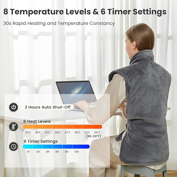 Fotgear Heating Pad for Neck Shoulders & Back - 24"x37" Large Weighted Electric Heat Pad with 6 Time Settings & 8 Heating Levels, Fast Heating & Overheat Protection, Gifts for Mom Women, Gray