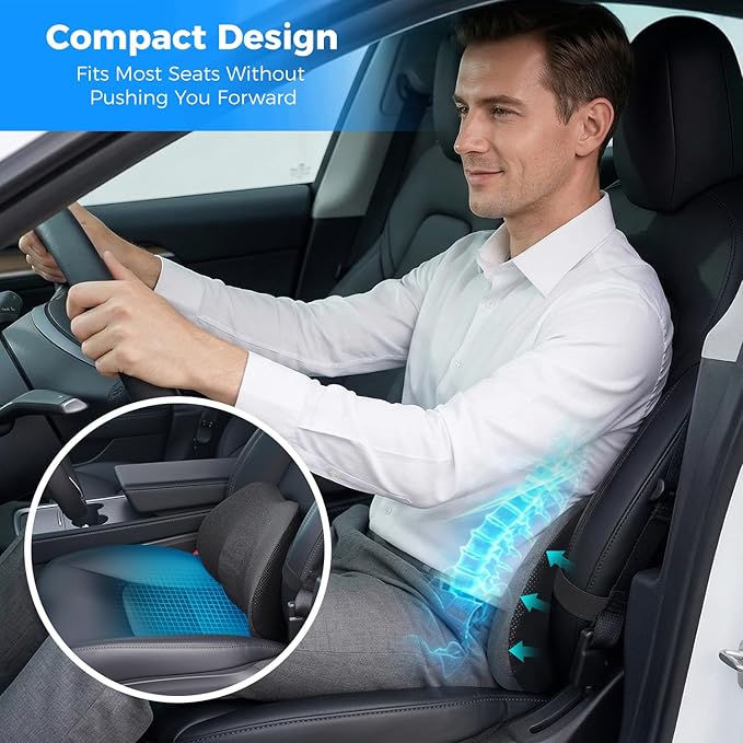 Lumbar Support Pillow for Car, Memory Foam Back Cushion for Lower Back Pain Relief, Ergonomic Car Seat Support with Breathable Airflow Channels for Driving, Office Chair, Wheelchair