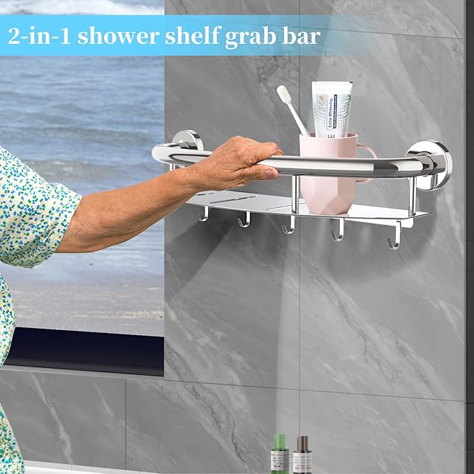 Munzong 18 Inch Shower Grab Bar with Storage Shelf, Chrome Stainless Steel 2 in 1 Bathroom Grab Bar and Hand Rail Support for Elderly and Handicap