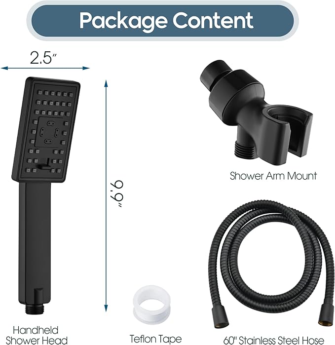 BRIGHT SHOWERS High Pressure Handheld Shower Head Set, High Flow Hand Held Showerhead with 60" Long Stainless Steel Hose and Adjustable Wall Bracket, 3 Spray Setting Shower Wand, Matte Black