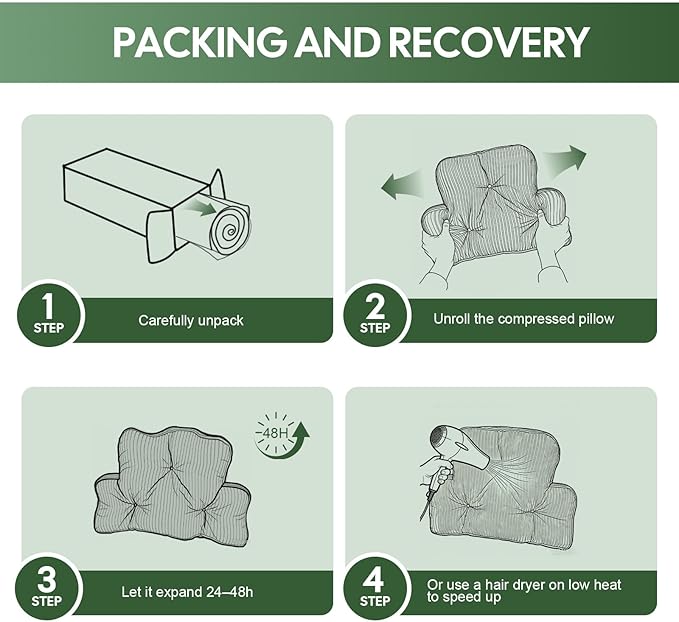 Lumbar Support Pillow for Recliner, Large Back Support Pillow for Office Chair, Tufted Corduroy Back Cushion for Elderly, Lower Back Pain Relief, Ideal for Sofa & Couch, Green