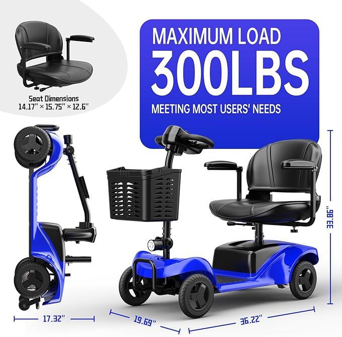 Mobility Scooter for Adults,4 Wheel Mobility Scooter,15 Miles Range,300LBS Capacity,Lightweight and Portable,with LED Headlights and Basket,Charger Included,Gifts Suitable for Elders,Blue