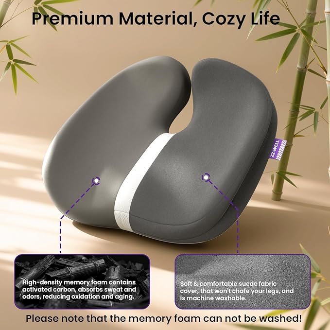 ZZ-WELL Seat Cushions for Office Chairs, Car Seat - Patented Coccyx Cushion for Tailbone Pain - Memory Foam Butt Cushion for Pressure Relief - Carry Handle & Non Slip Bottom (Grey)