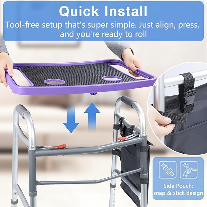 Walker Tray for Seniors with Dual Cup Holders, Side Pouch and Non-Slip Pad, Lightweight Durable Food & Drink Table, Compatible with Walker of 10210-1 Model (Purple)