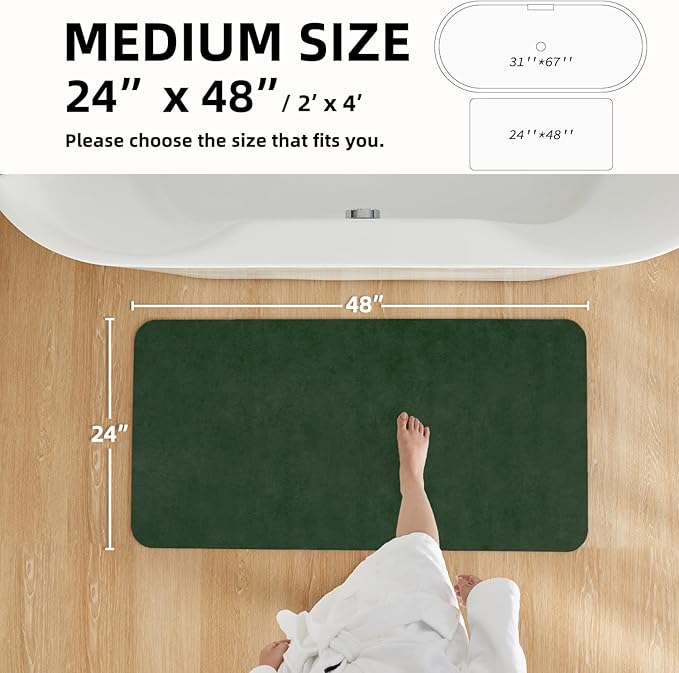 TYUU Bathroom Mat Quick Dry, Bathroom Rugs Non Slip Washable Thin Absorbent Bath Mat Fits Under Door Bathroom Floor Mat Perfect for Bath, Shower, or Sink 24"x48" Dark Green