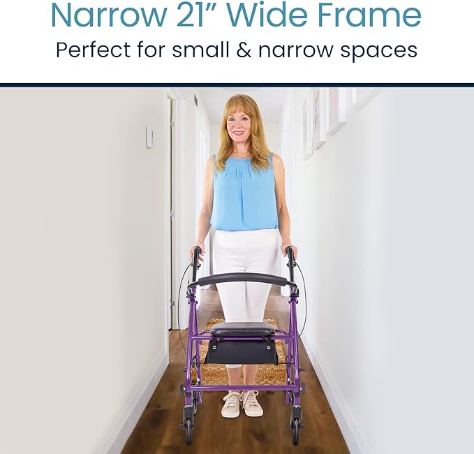 Vive Mobility Steel Rollator Walker with Seat - Foldable, Narrow, Rolling Senior Walker for Small Spaces - 4 Wheel Lightweight Adult Easy Drive with Underseat Storage, Adjustable Height (Purple)