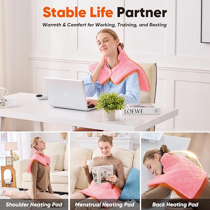 Pink Weighted Heating Pad for Neck Shoulders and Back, Mothers Day Gifts for Mom Wife Grandma, Birthday Gifts for Teen Girls Women, Electric Heated Blanket with 9 Heat Options 4 Auto-Off Timer