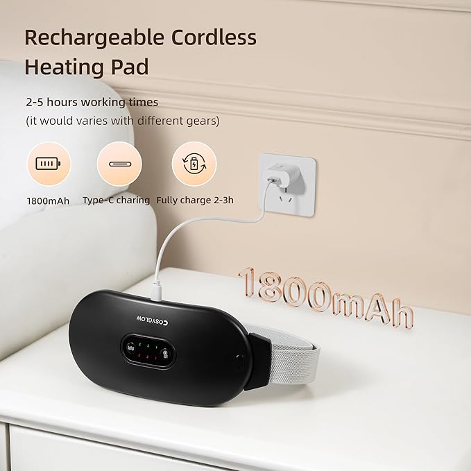 Portable Cordless Heating Pad Cramps: 6 Heat Levels and 6 Massage Modes,3S Fast Heating,Period Menstrual Electric Heating Pad,Gifts for Women 961S-Black