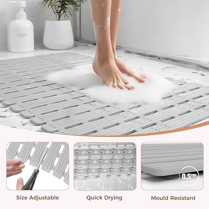 Bathtub Mat Non Slip for Bathroom with Suction Cups and Drain Holes 35.4 * 15.7 Shower Mat for Inside Shower, Quick Dry Bath Mat for Baby Kids Seniors Pregnants Adults, Easy to Cut, Easy Dry
