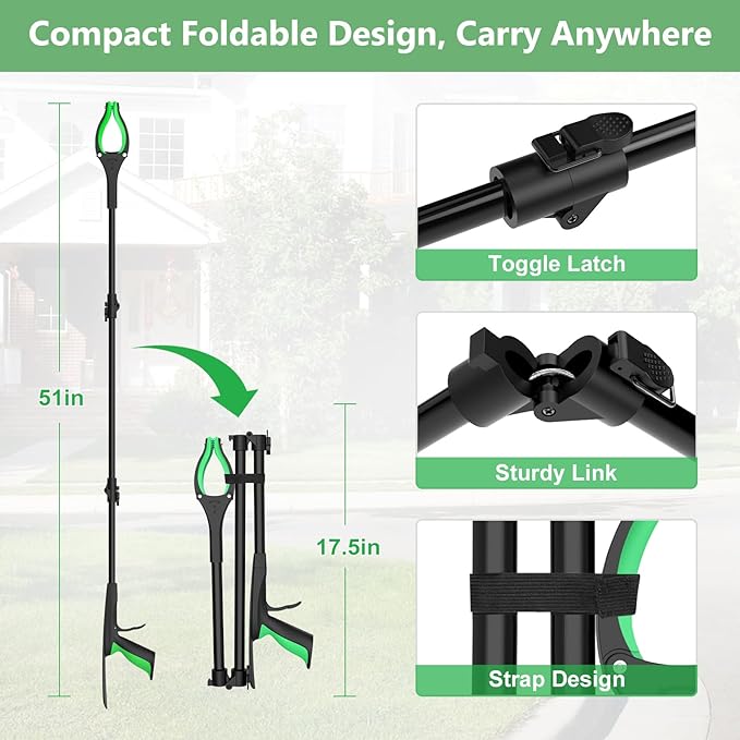 51" Heavy Duty Grabber Reacher Tool for Seniors/Disabled/After Surgery Recovery, Extra Long Foldable Reach Grabber with Shoehorn & 360°Rotating Anti-Slip Claw & Magnetic Tip, Black&Green