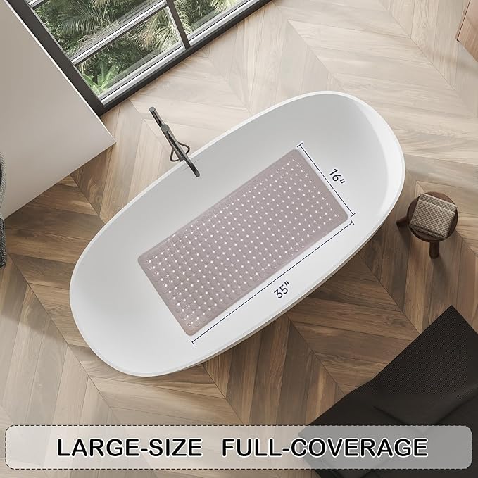 Linoows Non-Slip Bathtub and Shower Mats, Power Grip Bath Mat 35 x 16.3 Inch with Suction Cups and Drain Holes for Tub Bathroom Floor Safety, Machine Washable Soft Bathmat, Tan