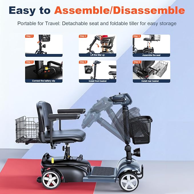 15/25/30/50Miles Eldryvon 4 Wheels Electric Mobility Scooter for Seniors, Dual Basket, 350W Powered Wheelchair with Rotating Seat, Foldable Motorized Scooter for Adults (Grey, 15Miles)