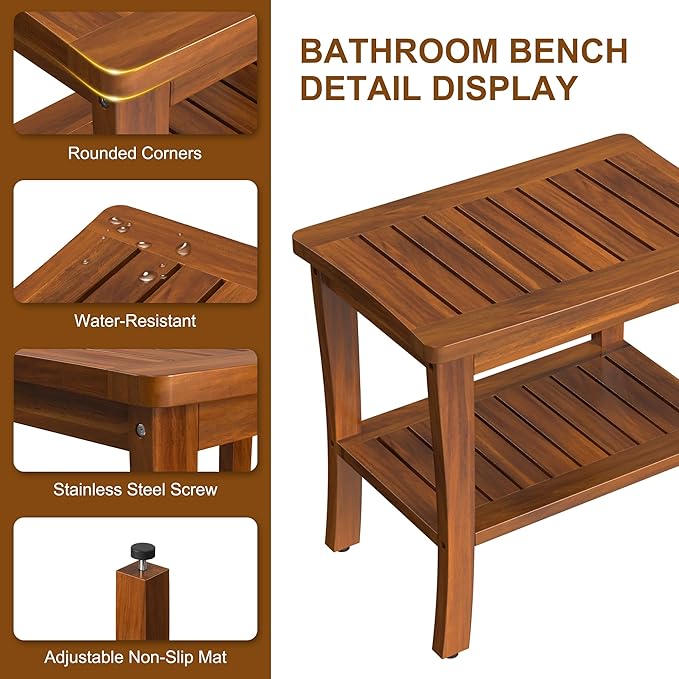 Large Teak Wood Shower Bench Stool with Storage Shelf Wooden Teak Bench for Shower Seat Chair for Inside Shower Waterproof Teakwood Shower Bench Bathroom Spa Bathing Shower Stool with Non-Slip Feet