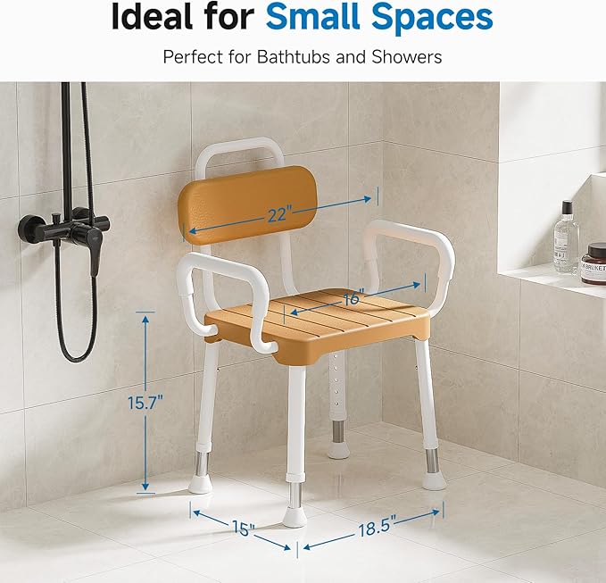 Loyoda Shower Chair for Inside Shower, Adjustable Height 15.7"–21.2", Shower Chair for Bathtub with Removable Padded Arms and Backrest, Supports 350 lbs, FSA/HSA Eligible for Elderly, Adults, Seniors