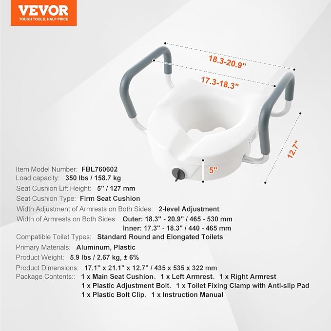VEVOR Raised Toilet Seat, 5" Height Raised, 350 lbs Weight Capacity, for Round and Elongated Toilet, Twist Lock Installation,19.1" - 21.7" Adjustable Width, for Elderly, Handicap, Patient, Pregnant, M