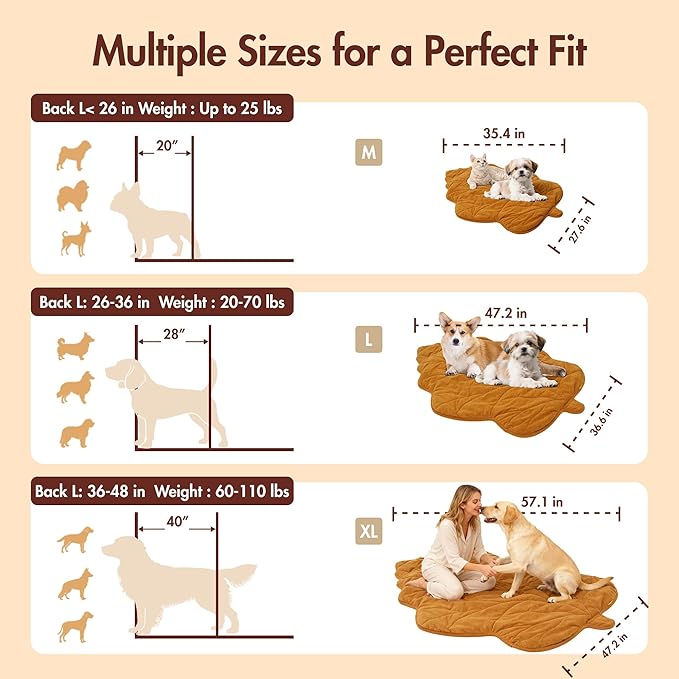 Vagascape Dog Bed, Waterproof Pet Bed with Washable Removable Cover, Comfort Cat Dog Pad for All Seasons, Heating Yellow Maple-Leaf Shape Cat Mat with Nonskid Bottom(47"x36")