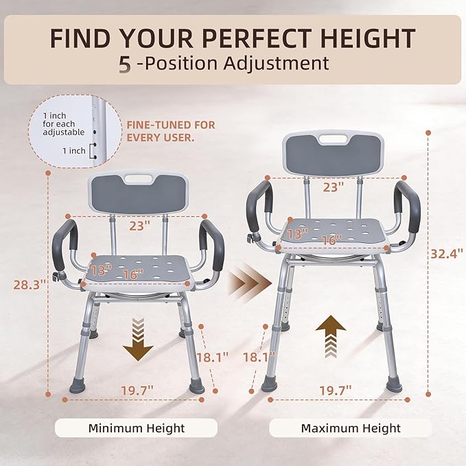 Swivel Shower Chair with Arms & Back, 400lbs Heavy Duty Shower Chair for Elderly and Disabled, Height Adjustable Shower Stool for Inside Shower, Non-Slip Rotating Shower Bench Seat for Tub Transfer