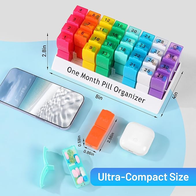CAidRE Ultra-Compact Monthly Pill Organizer AM PM, 31 Day Pill Box 2 Times a Day for Small Pills, Portable Travel Vitamin Case with Detachable Daily Compartments, DIY Number Labels, Frosted Matte