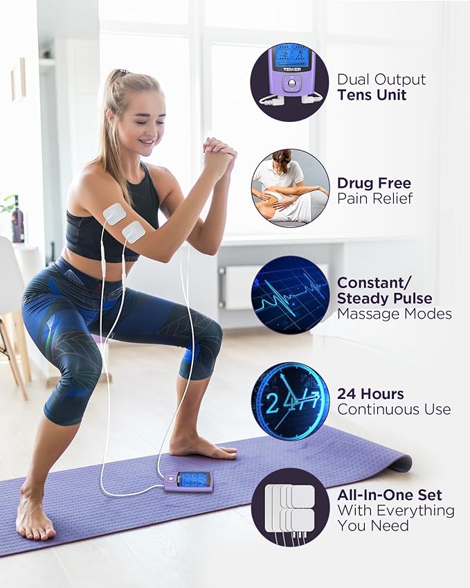 TENKER TENS Unit Muscle Stimulator, 24 Modes TENS EMS Machine for Shoulder, Sciatica, Back Pain Relief, Rechargeable Electronic Pulse Massager with 2"x2" and 2"x4" Electrode Pads