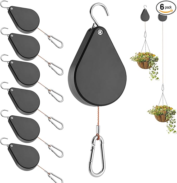 WROSWT Upgraded Retractable Plant Hanger,Plant Pulleys for Hanging Plants,Easy to Raise and Lower,Auto Lock,Heavy Duty,Adjustable Hook for Garden Baskets Pots,Birds Feeder,(6Pcs,Black)