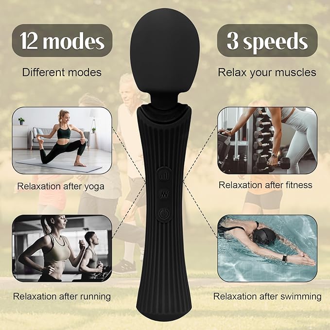 Handheld Cordless Personal Massager - Powerful 12 Vibration Patterns, 3 Speeds Settings & Waterproof, Body-Safe Silicone for Relaxation and Muscle Comfort in Neck, Shoulders and Foot -Black