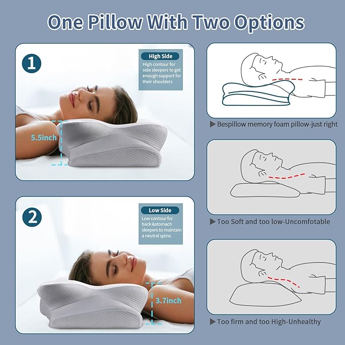 Cervical Neck Pillow for Pain Relief, Ergonomic Contour Pillow, Orthopedic Memory Foam Neck Support Pillow for Side, Back & Stomach Sleepers