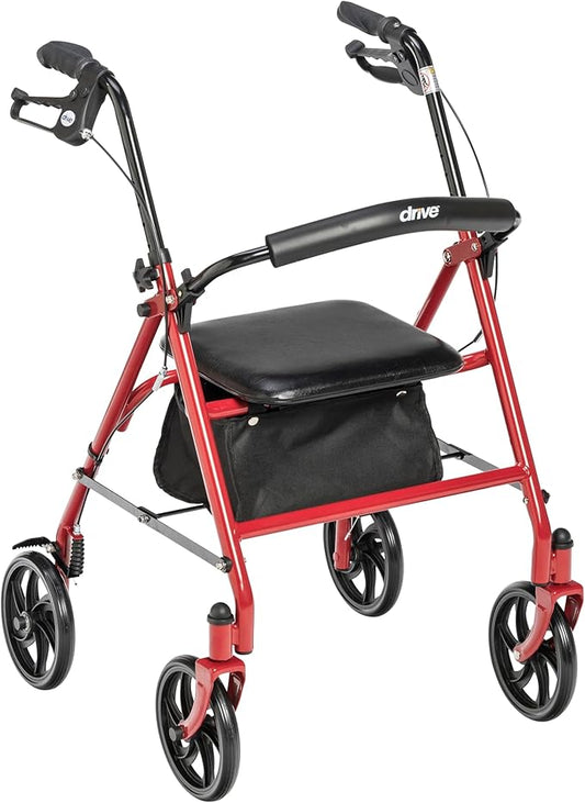Drive Medical Rollator Walker with Seat - Stable Mobility Support - Height Adjustable - Durable Steel Frame Construction - Smooth 7.5" Wheels - Foldable Frame - 350 Lb Limit - Red