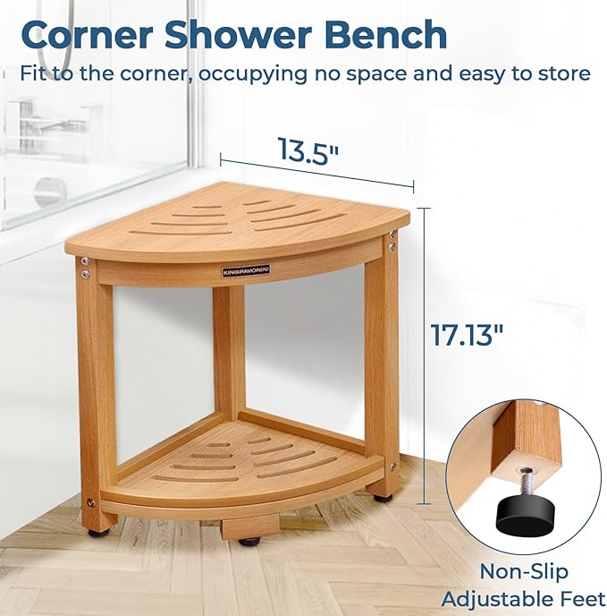 KingPavonini Corner Shower Bench Waterproof, HDPS Shower Stool for Inside Shower, Anti-Fracture Shower Seat with Storage Shelf, Rapid Assembly, Weight Capacity 400LBS