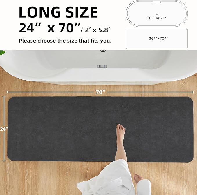 TYUU Bath Mat, Bathroom Rugs Non Slip Washable Thin Absorbent Quick Dry Bath Mat Fits Under Door Bathroom Floor Mat Perfect for Bath, Shower, or Sink 24"x70" Dark Grey