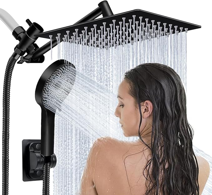 Shower Head,10”Rain Shower Head with Handheld Spray Combo and Adjustable Extension Arm/3-Way Flow Regulator/Shower System,High Pressure Rain Fall Hose,Matt Black
