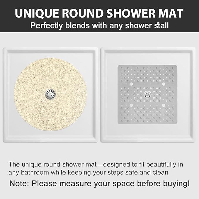 Non Slip Shower Mat: 24x24 inch Round Shower Mats for Inside Shower with Central Drain Hole, Soft Loofah Shower Floor Mat for Standing Shower Stall, RV, Tile Fiberglass Shower Pan, Quick Dry