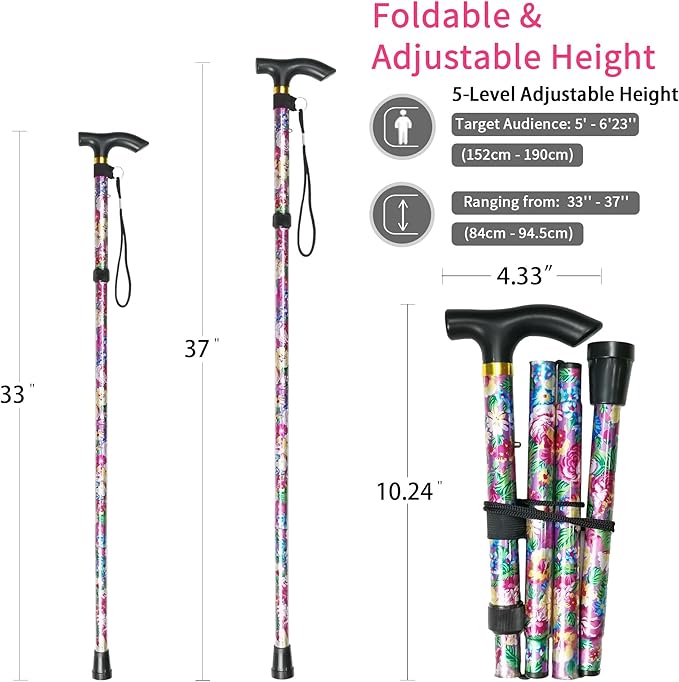 Folding Cane, 5-Level Adjustable Height Lightweight Portable Foldable Walking Canes with Wrist Strap and T Handle for Men Women Seniors