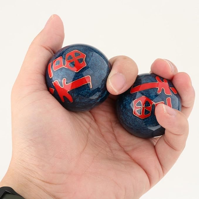 2 Pieces Hand Massage Balls, Chinese Exercise Handballs with Storage Box, Compact Relaxation, Chinese Baoding Balls, for Kids Seniors, Fu Word Blue