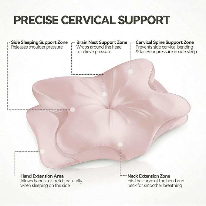 2-Pack Cervical Neck Pillow for Neck Pain Relief,Ergonomic Memory Foam Contour Pillow with Wrinkle-Resistant Silky Satin Fabric Cover,Orthopedic Bed Pillow for Side,Back,Stomach Sleepers,Pink