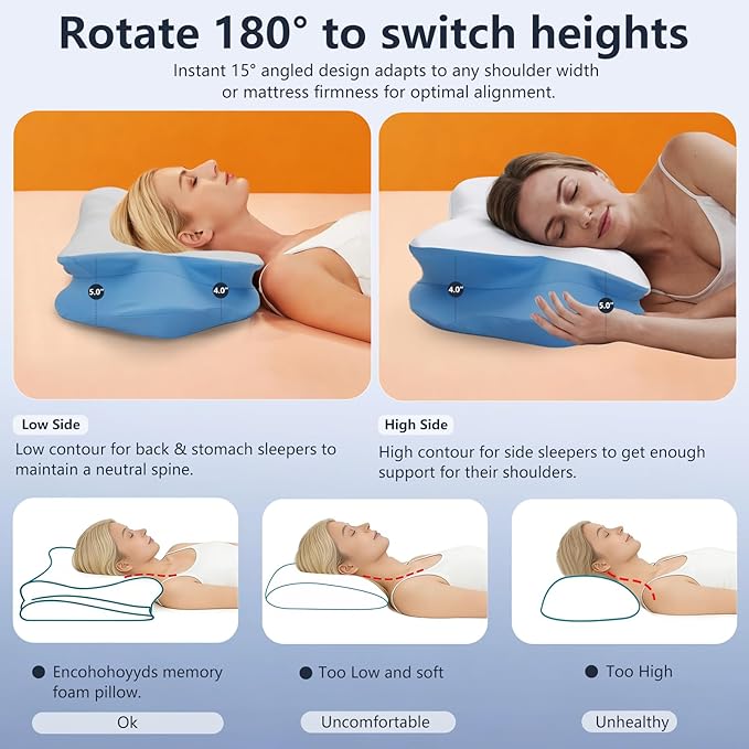 Cervical Neck Pillow for Neck Pain Relief - Cooling Ergonomic Support Memory Foam Pillow for Side Back Stomach Sleepers - Ergonomic Bed Pillow for Shoulder Pain Dual Heights CertiPUR-US