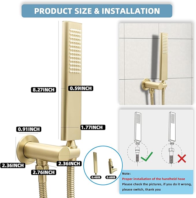 Solid Brass Handheld Shower Head Arc Design High Pressure Brushed Gold Hand Shower Wand with Adjustable Supply Elbow Wall Connector Shower Holder and 59″ Stainless Steel Hose Set