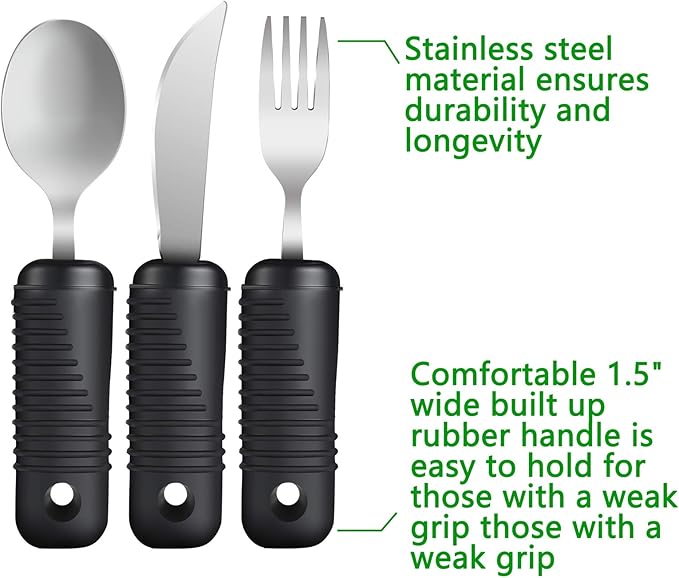 YPC Adaptive Utensils,Easy Grip Silverware,Built-Up Fork,Spoon and Rocker Knife for Adults,Elderly,Arthritis,Tremors and Parkinsons,3 Piece Set