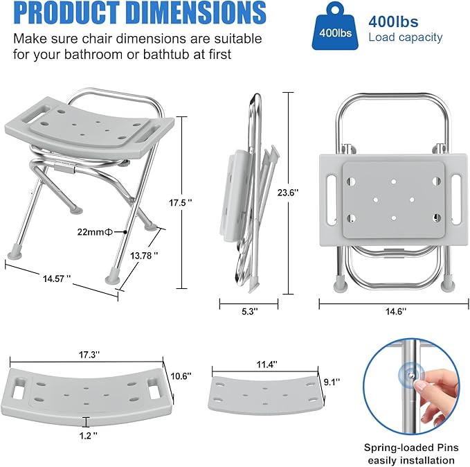 Folding Shower Chair Seat, 17.5" Stainless Steel Small Shower Chair for Inside Shower with Pad, 400lbs Portable Travel Shower Stool, Safety Anti-Slip Bath Chair for Seniors, Disabled, Gray
